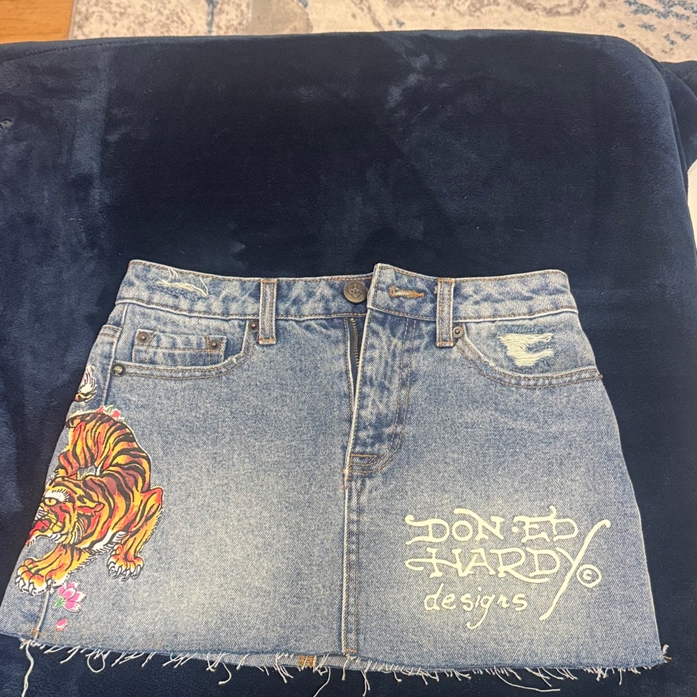 Ed Hardy Denim Skirt with Tiger and Logo